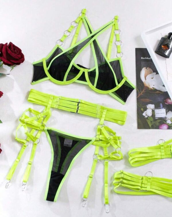 CONJUNTO CINTA LIGA DE TULE PERTO E VERDE NEON - P