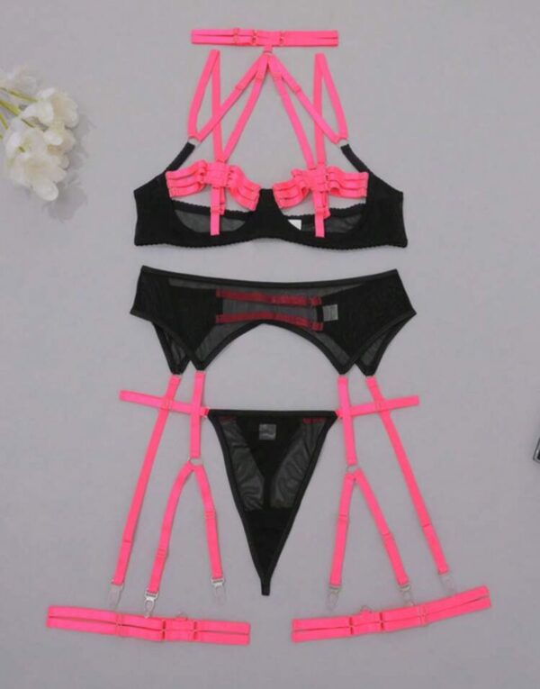 Conjunto lingerie em tule com cinta liga preto com rosa - M - Imagem 4