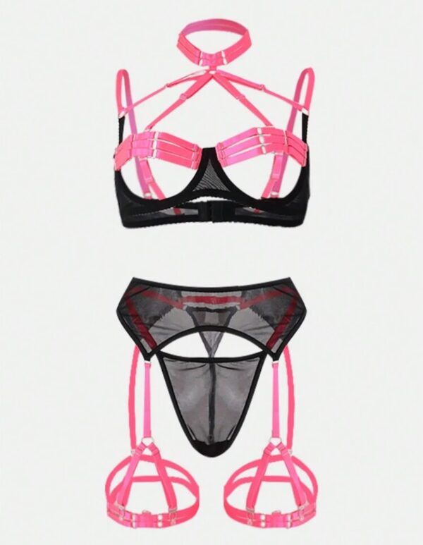 Conjunto lingerie em tule com cinta liga preto com rosa - M - Imagem 3