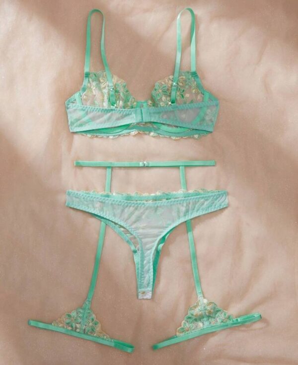 Conjunto lingerie em tule e renda com cinta liga verde água - M - Imagem 2