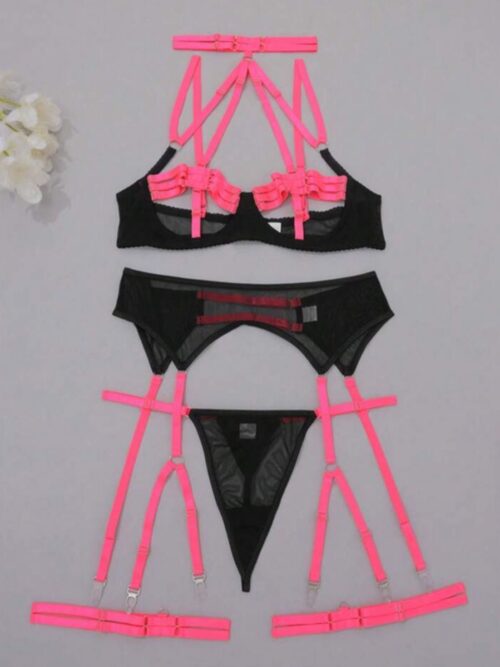 Conjunto lingerie em tule com cinta liga preto com rosa - M