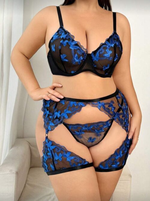 Conjunto em tule preto com floral azul e cinta liga - G4