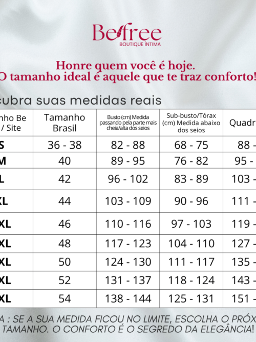 Encontre o que melhor te cabe! - TABELA DE MEDIDAS BE FREE