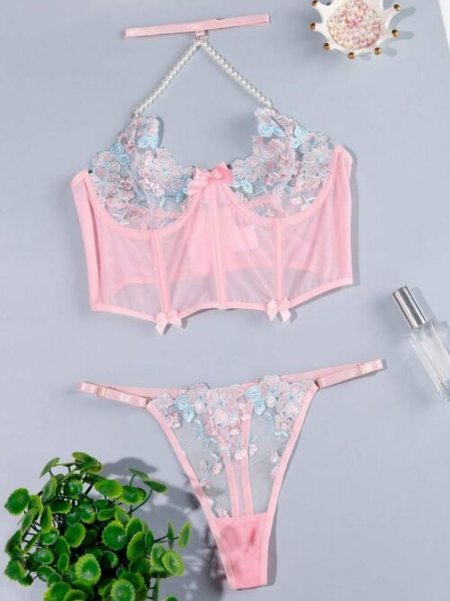 Conjunto tule rosa claro e renda azul - P