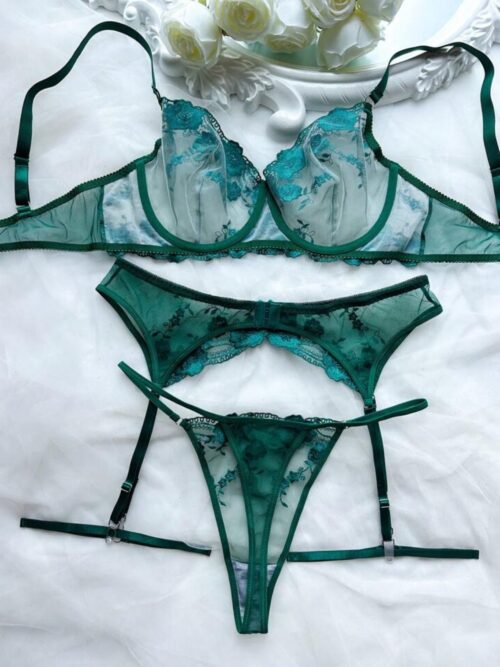 Conjunto de lingerie verde floral e cinta liga- G4